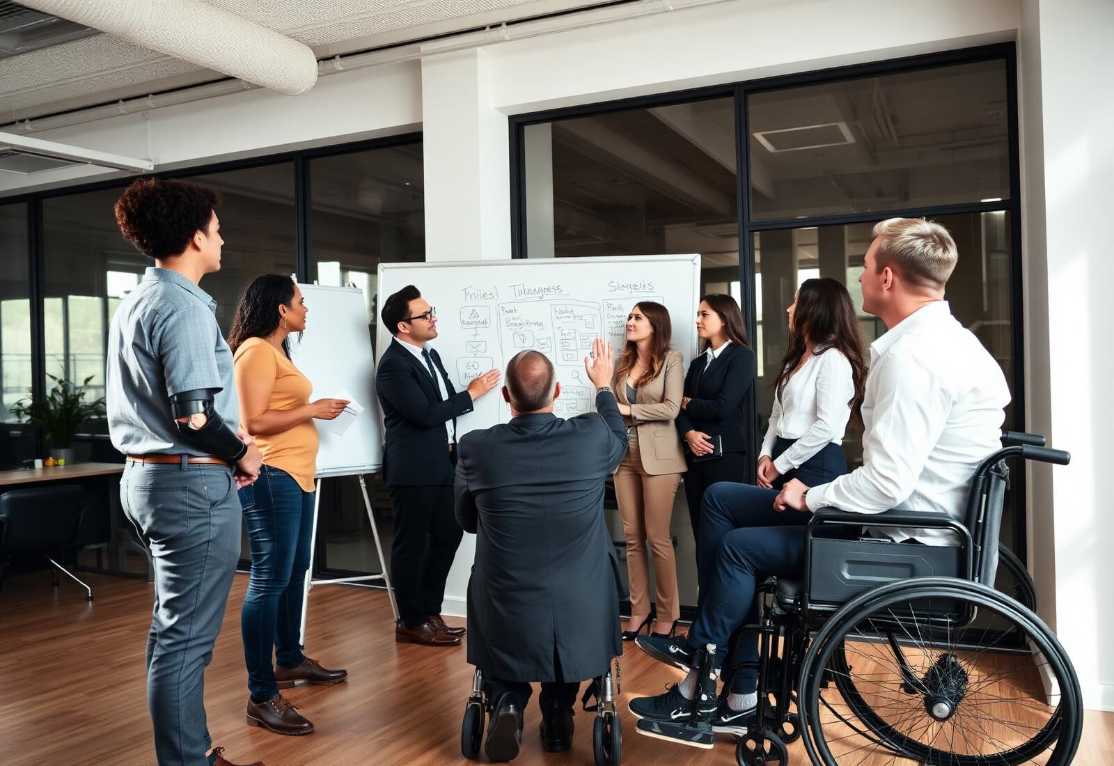 Reunião profissional com equipe diversa, incluindo PCDs